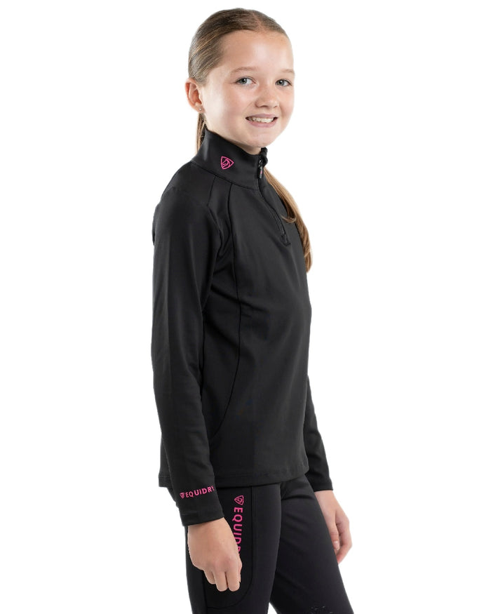 Black Peacock Pink Coloured Equidry Childrens Water Repellent Base Layer on white background #colour_black-peacock-pink