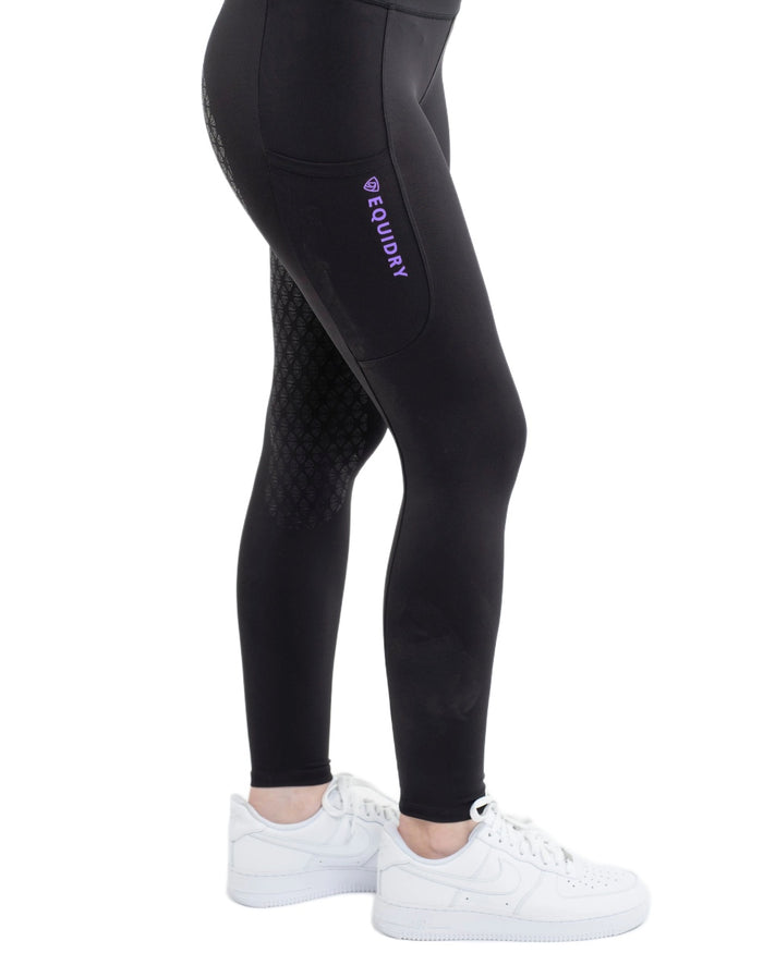 Black Lilac Coloured Equidry Childrens Water Repellent Full Seat Leggings on white background #colour_black-lilac