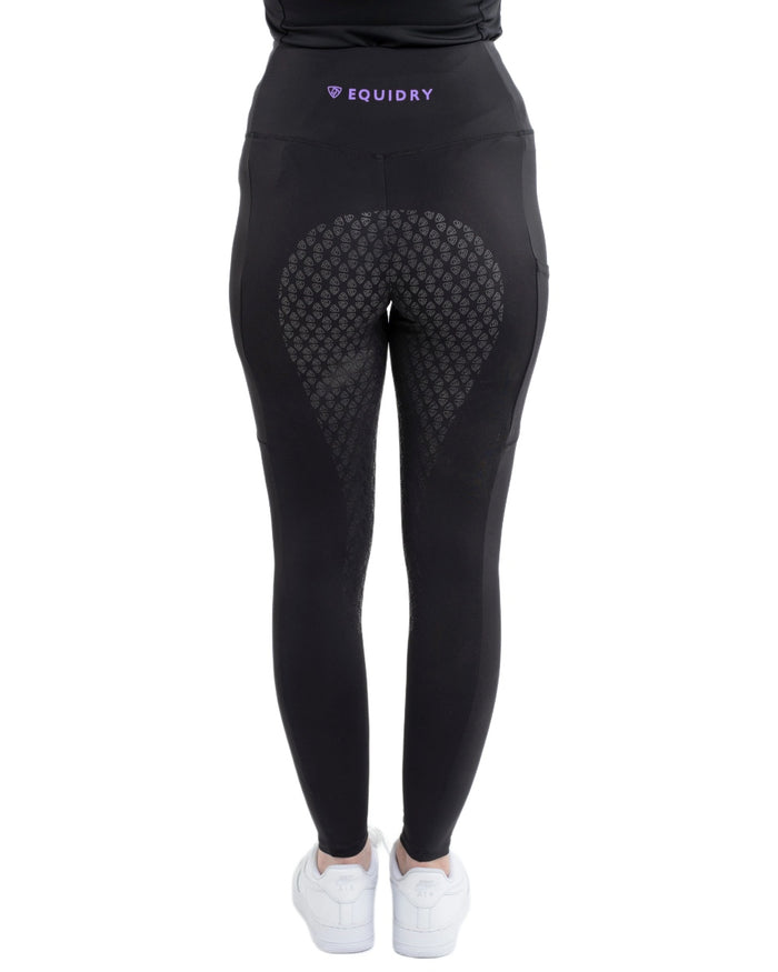 Black Lilac Coloured Equidry Childrens Water Repellent Full Seat Leggings on white background #colour_black-lilac