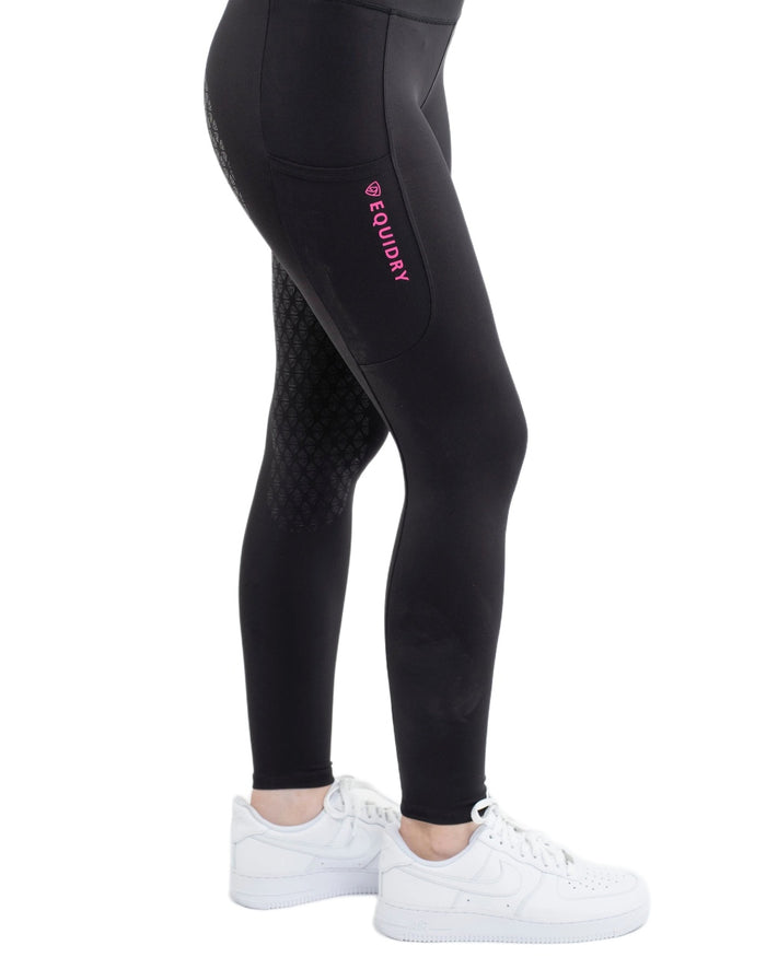 Black Pink Coloured Equidry Childrens Water Repellent Full Seat Leggings on white background #colour_black-pink