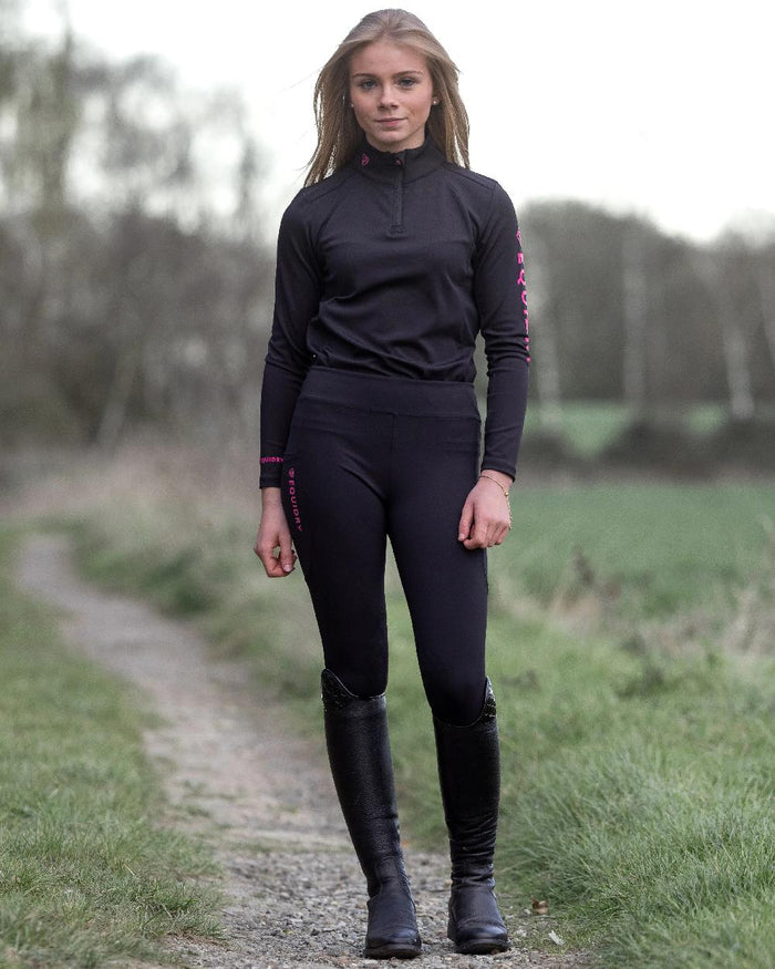 Black Pink Coloured Equidry Childrens Water Repellent Full Seat Leggings on outdoor background #colour_black-pink