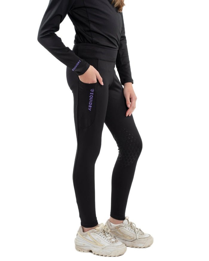 Black Lilac Coloured Equidry Childrens Water Repellent Knee Grip Leggings on white background #colour_black-lilac