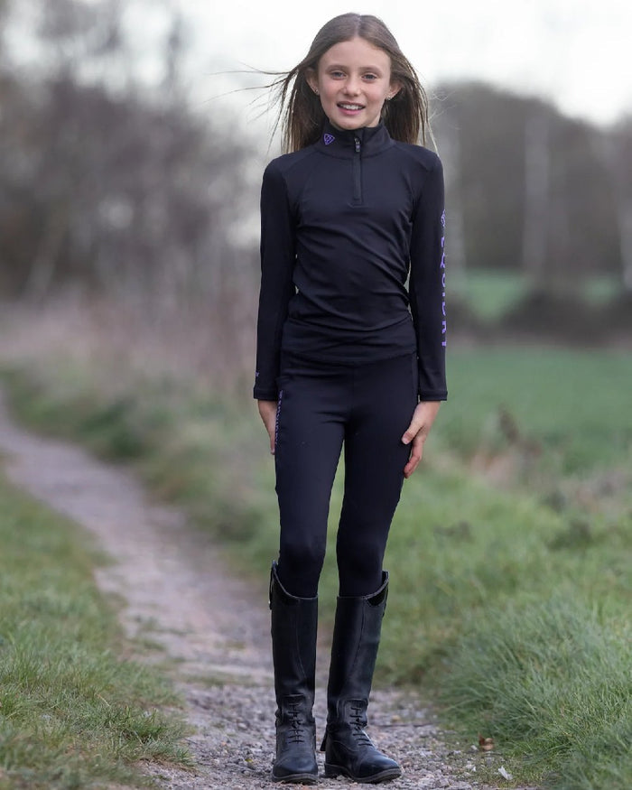 Black Lilac Coloured Equidry Childrens Water Repellent Knee Grip Leggings on outdoor background #colour_black-lilac