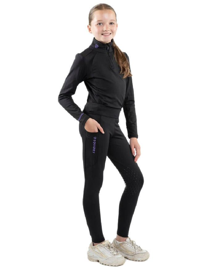 Black Lilac Coloured Equidry Childrens Water Repellent Knee Grip Leggings on white background #colour_black-lilac
