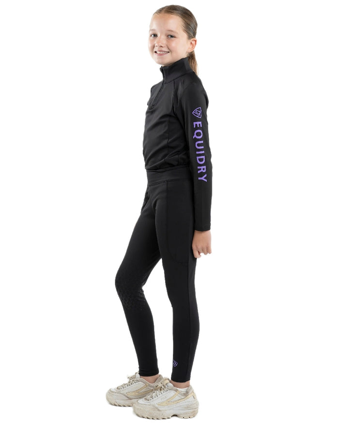 Black Lilac Coloured Equidry Childrens Water Repellent Knee Grip Leggings on white background #colour_black-lilac