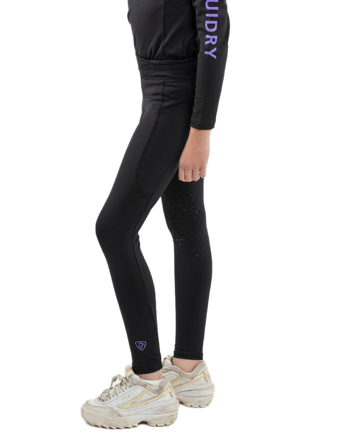 Black Lilac Coloured Equidry Childrens Water Repellent Knee Grip Leggings on white background #colour_black-lilac