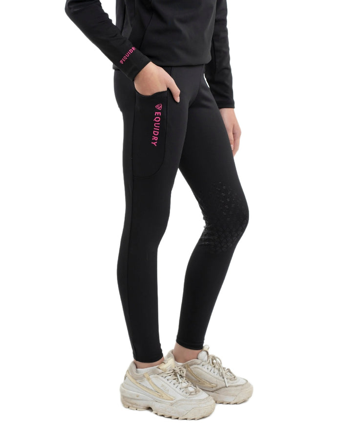 Black Peacock Pink Coloured Equidry Childrens Water Repellent Knee Grip Leggings on white background #colour_black-peacock-pink