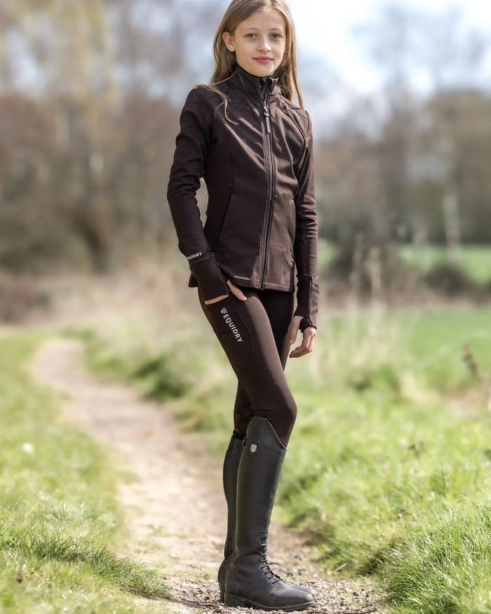 Brown White Coloured Equidry Childrens Water Repellent Zip Up Top on outdoor background #colour_brown-white