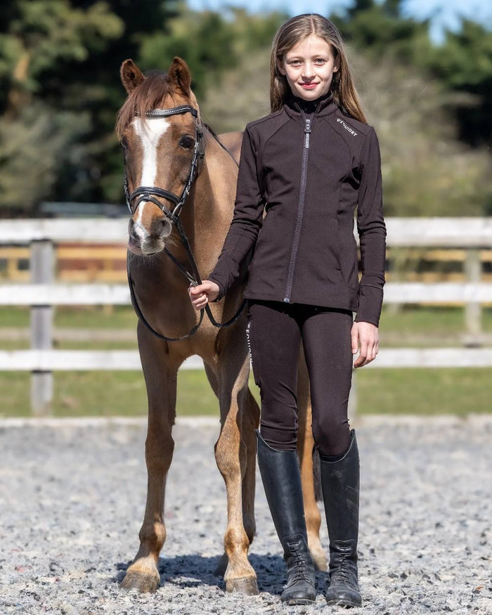 Brown White Coloured Equidry Childrens Water Repellent Zip Up Top on outdoor background #colour_brown-white