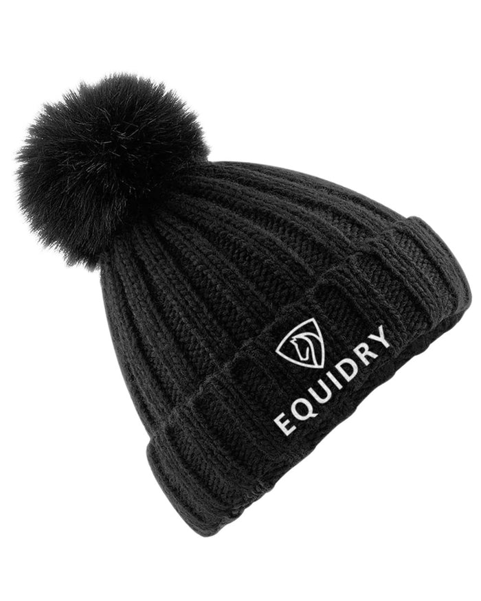 Black coloured Equidry Chunky Pom Pom Bobble Hat on white background #colour_black