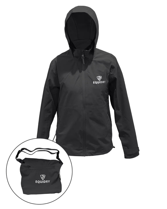 Black coloured Equidry Mens Nimbus Pack Away Jacket With Stowaway Hood on white background #colour_black