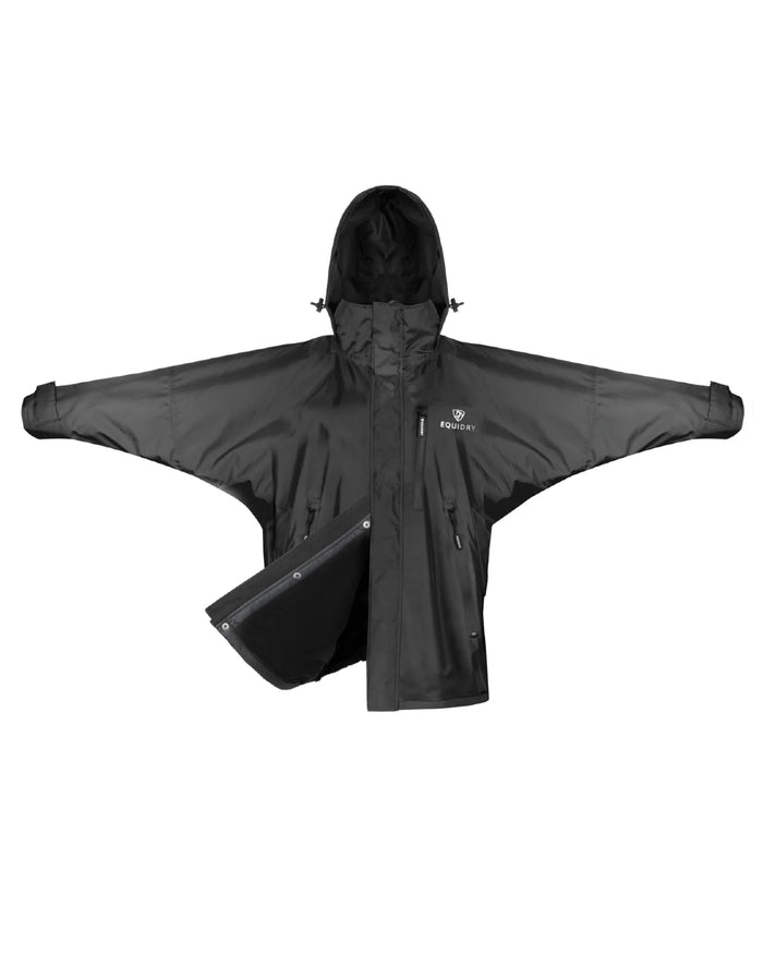 Black coloured Equidry Mens Thin Fleece Shortie Jacket With Stowaway Hood on white background #colour_black