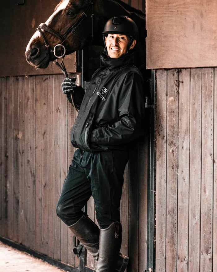 Black coloured Equidry Mens Thin Fleece Shortie Jacket With Stowaway Hood on outdoor background #colour_black