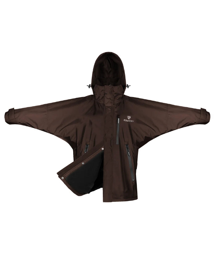 Rich Brown coloured Equidry Mens Thin Fleece Shortie Jacket With Stowaway Hood on white background #colour_rich-brown