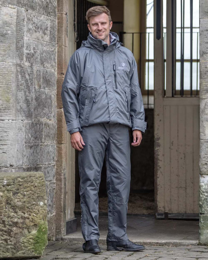 Charcoal coloured Equidry Mens Unlined Waterproof Trousers on outdoor background #colour_charcoal