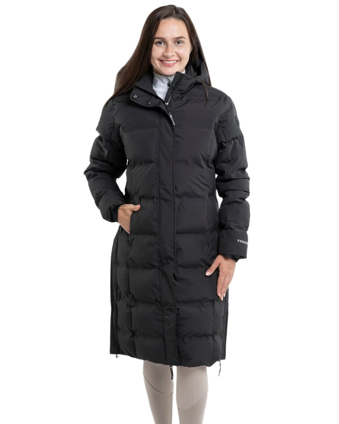 Black coloured Equidry Thora Waterproof Riding Puffer Coat With Hood on white background #colour_black