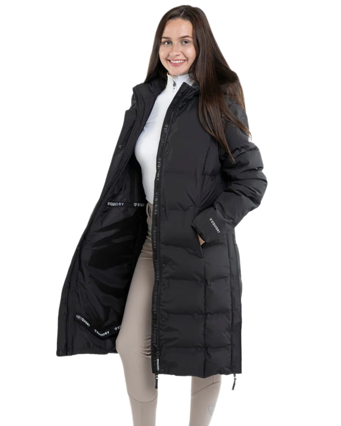 Black coloured Equidry Thora Waterproof Riding Puffer Coat With Hood on white background #colour_black