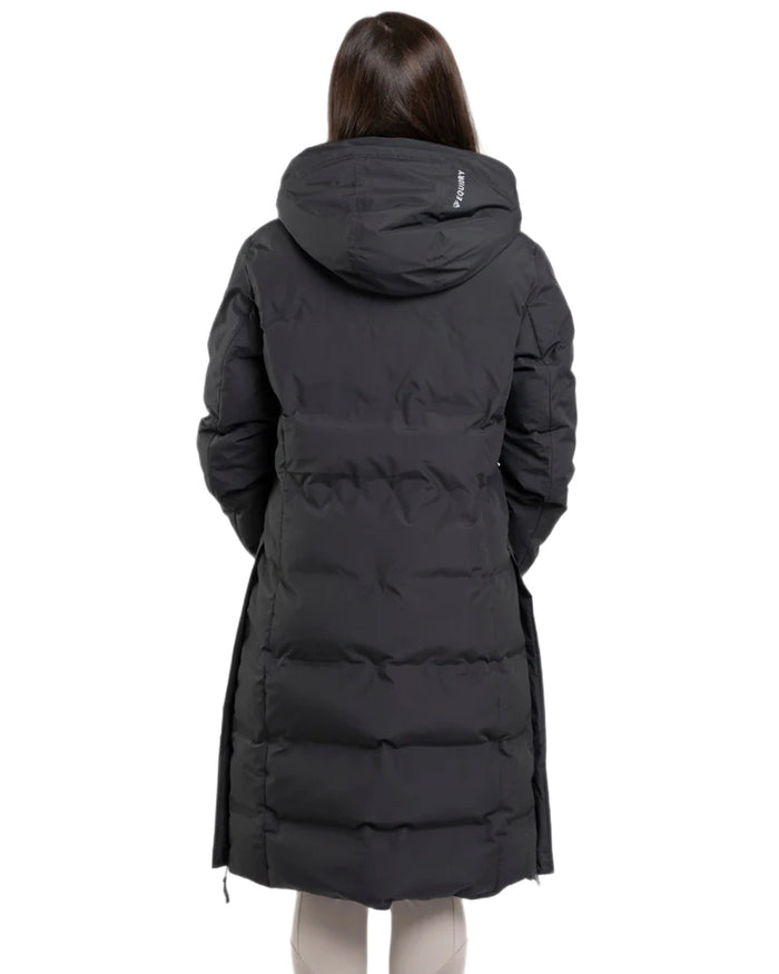 Black coloured Equidry Thora Waterproof Riding Puffer Coat With Hood on white background #colour_black