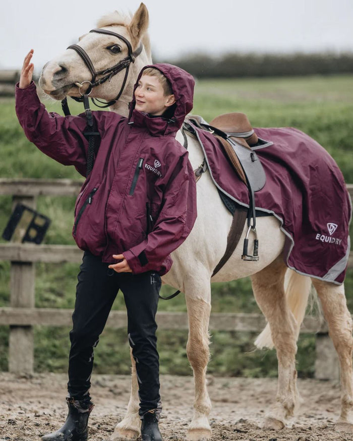 Plum coloured Equidry Waterproof Lite Fleece Lined Exercise Sheet on outdoor background #colour_plum