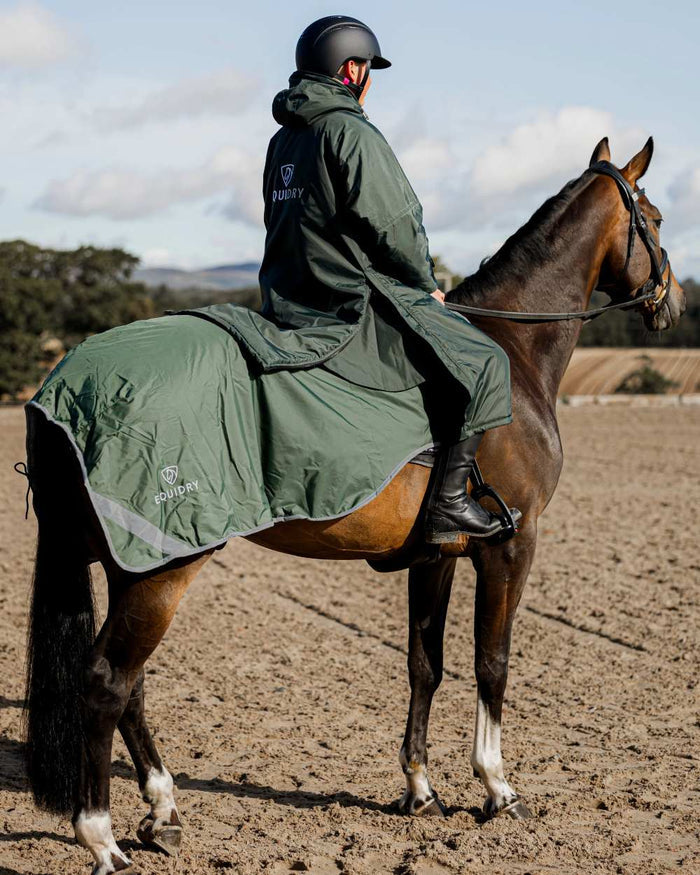 Black Forest Green Grey Coloured Equidry Waterproof Thick Fleece Lined Exercise Sheet on outdoor background #colour_black-forest-green-grey