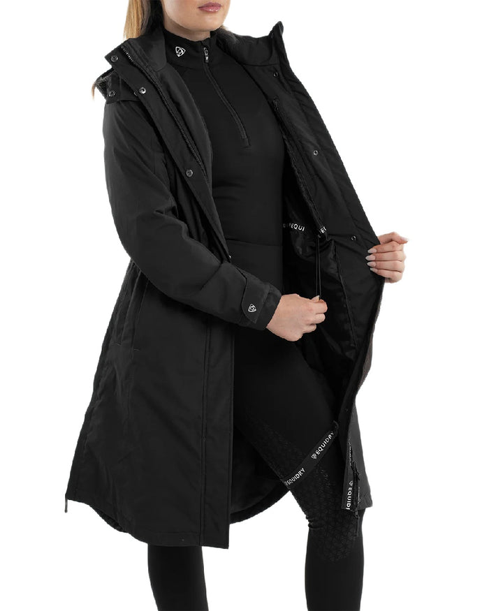 Black Coloured Equidry Womens Bronte Riding Coat With Removable Hood on white background #hood_removable #colour_black