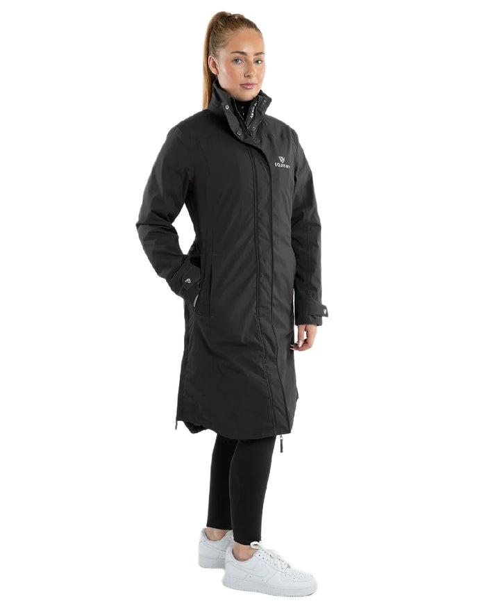 Black Coloured Equidry Womens Bronte Riding Coat With Removable Hood on white background #hood_removable #colour_black