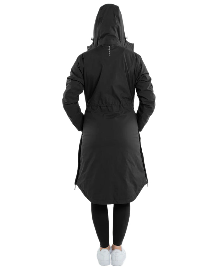 Black Coloured Equidry Womens Bronte Riding Coat With Removable Hood on white background #hood_removable #colour_black