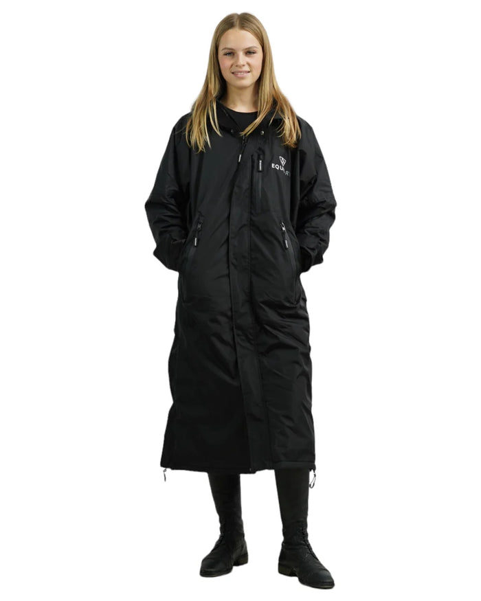 Black coloured Equidry Womens Pro Ride Evolution Thin Fleece Coat With Stowaway Hood on white background #colour_black