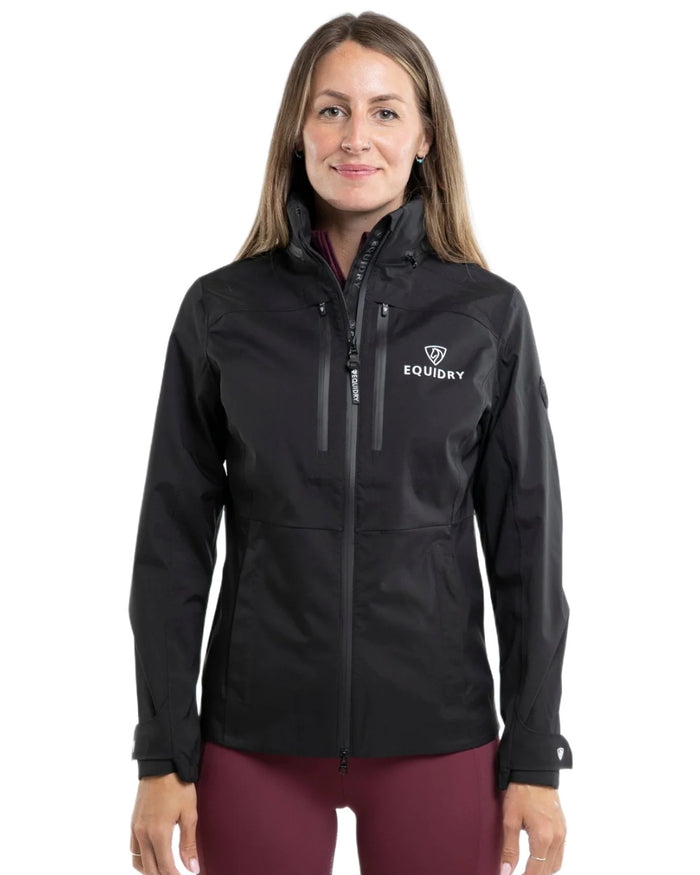 Black coloured Equidry Womens Varsha Jacket with Stowaway Hood on white background #colour_black