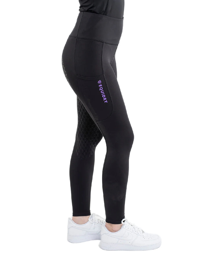 Black Lilac Coloured Equidry Womens Water Repellent Full Seat Leggings on white background #colour_black-lilac