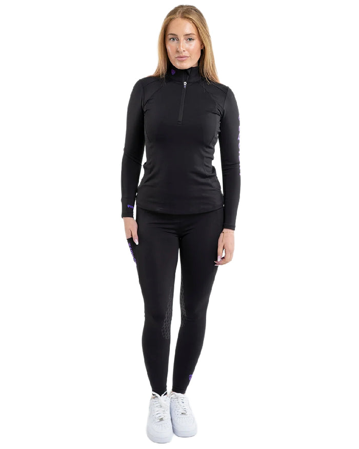 Black Lilac Coloured Equidry Womens Water Repellent Full Seat Leggings on white background #colour_black-lilac