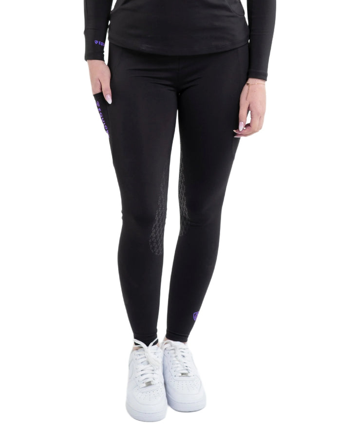 Black Lilac Coloured Equidry Womens Water Repellent Full Seat Leggings on white background #colour_black-lilac