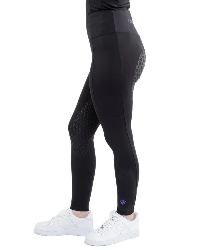 Black Lilac Coloured Equidry Womens Water Repellent Full Seat Leggings on white background #colour_black-lilac