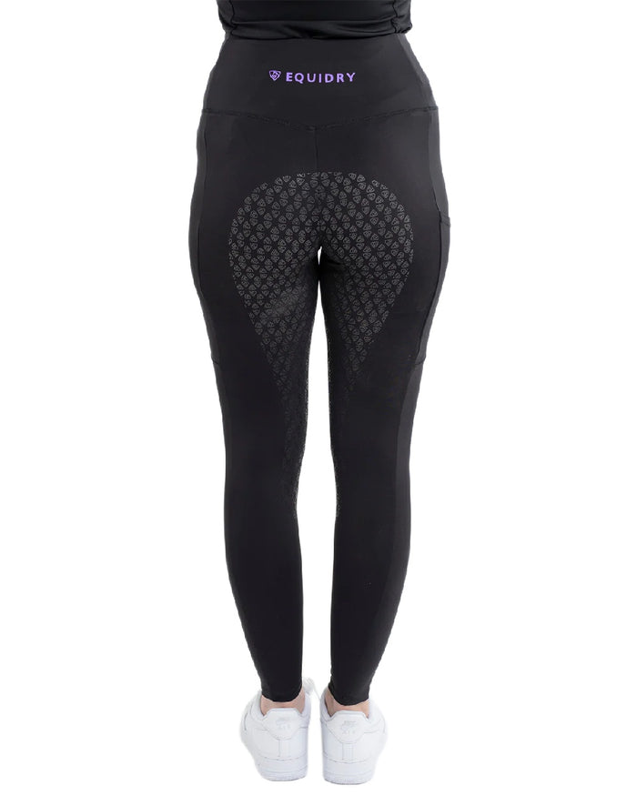Black Lilac Coloured Equidry Womens Water Repellent Full Seat Leggings on white background #colour_black-lilac