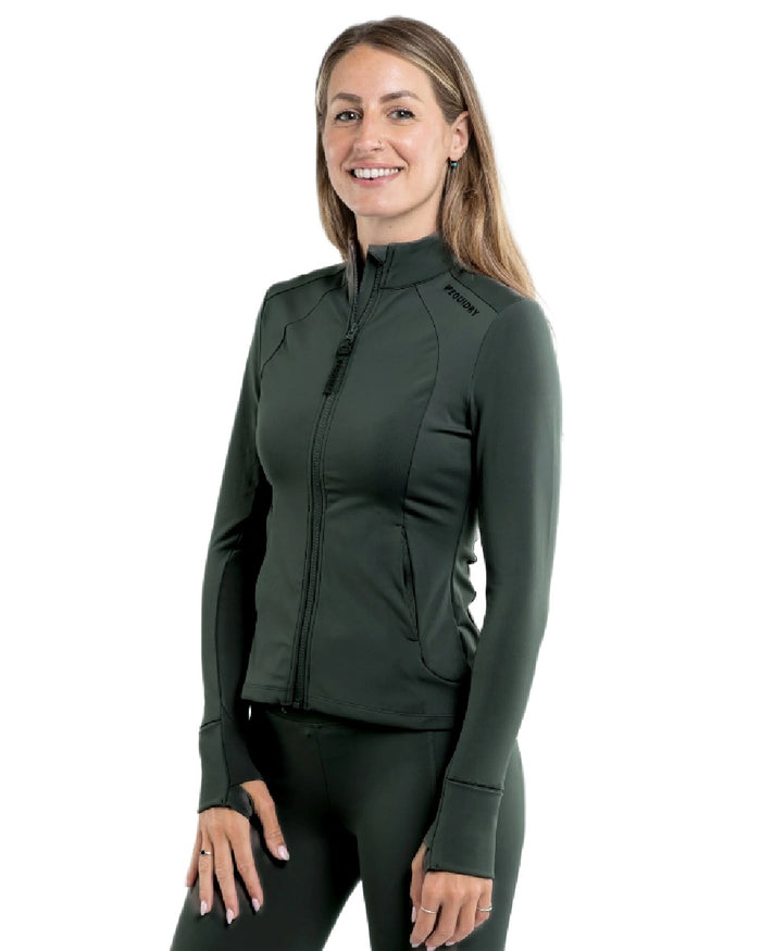 Black Forest Green Black Coloured Equidry Womens Water Repellent Zip Up Top on outdoor background #colour_black-forest-green-black