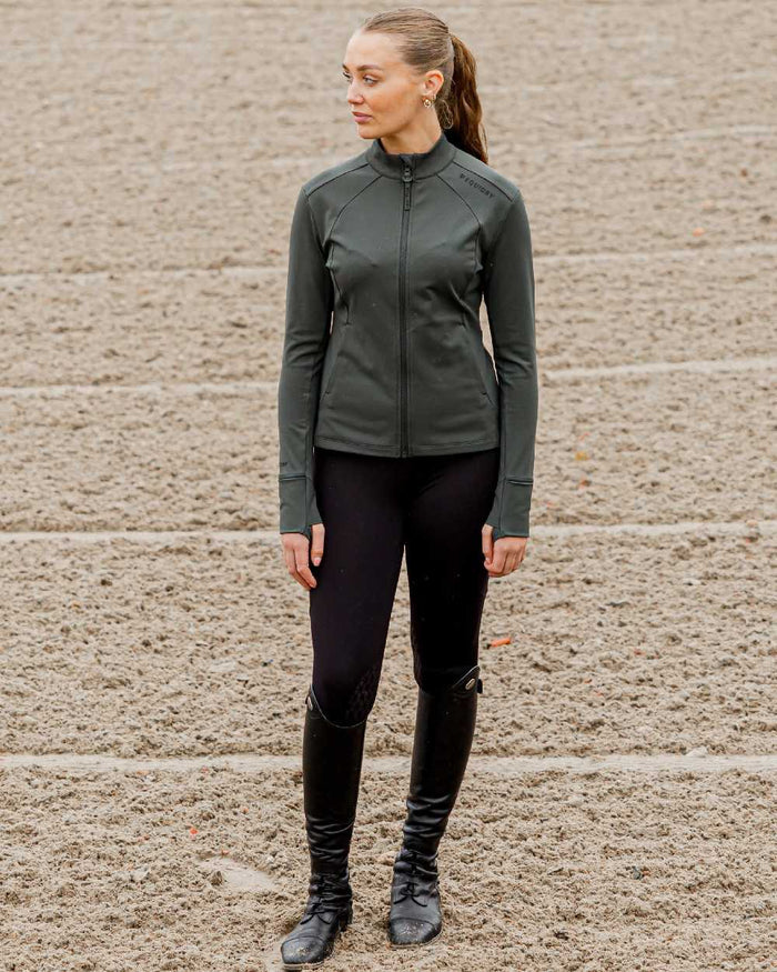 Black Forest Green Black Coloured Equidry Womens Water Repellent Zip Up Top on outdoor background #colour_black-forest-green-black