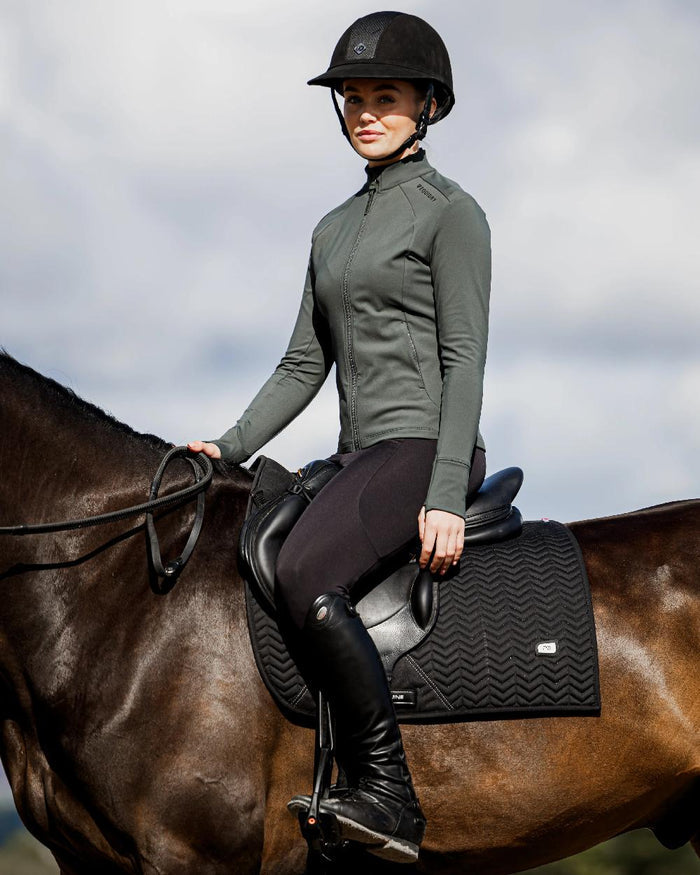 Black Forest Green Black Coloured Equidry Womens Water Repellent Zip Up Top on outdoor background #colour_black-forest-green-black