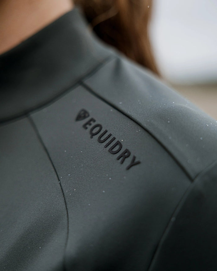 Black Forest Green Black Coloured Equidry Womens Water Repellent Zip Up Top on outdoor background #colour_black-forest-green-black