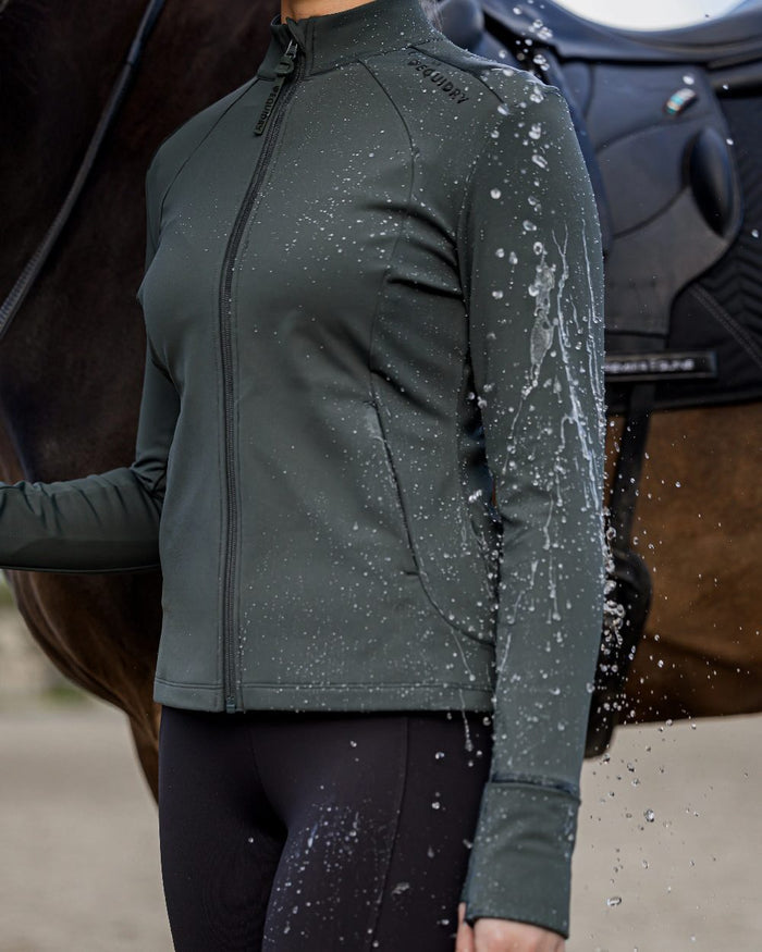 Black Forest Green Black Coloured Equidry Womens Water Repellent Zip Up Top on outdoor background #colour_black-forest-green-black
