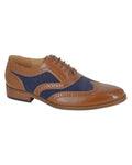 Tan Navy coloured Goor Mens Synthetic Suede 5 Eye Brogue Oxford Shoes on white background #colour_tan-navy