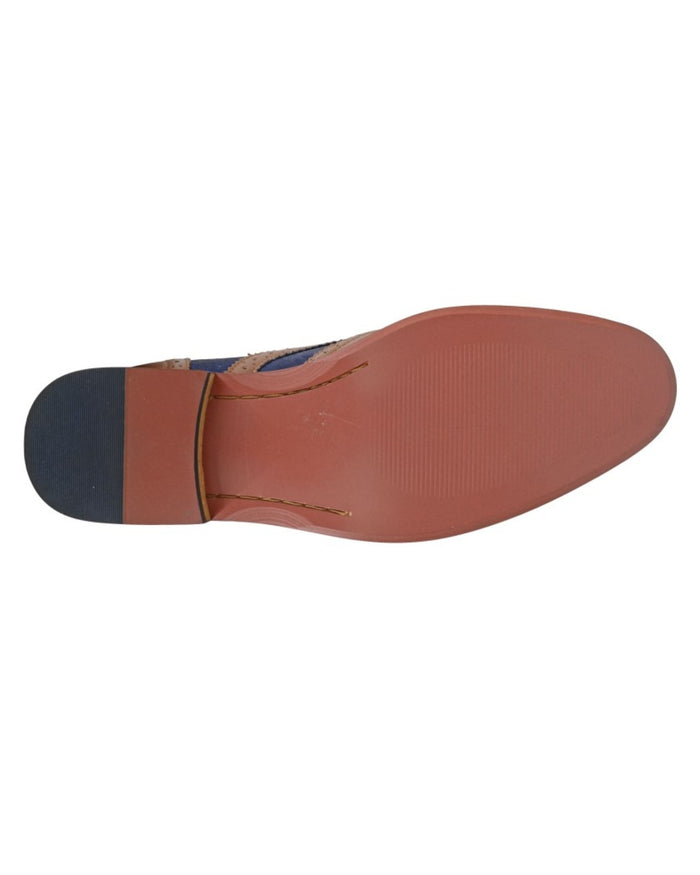 Tan Navy coloured Goor Mens Synthetic Suede 5 Eye Brogue Oxford Shoes on white background #colour_tan-navy