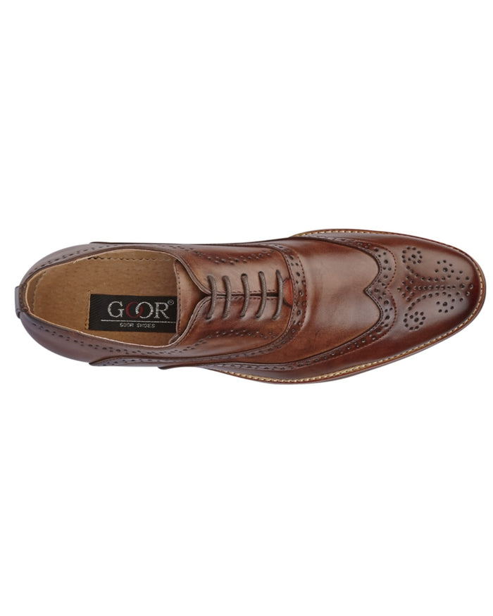 Mid Brown coloured Goor Mens 5 Eye Wing Capped Brogue Oxford Shoes on white background #colour_mid-brown