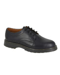 Black coloured Grafters 4 Eyelet Smooth Leather Uniform Shoes on white background #colour_black