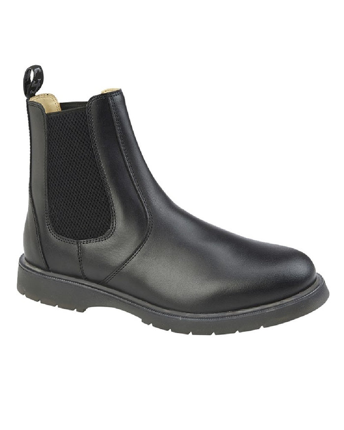 Black coloured Grafters Gusset Chelsea Boots on white background #colour_black
