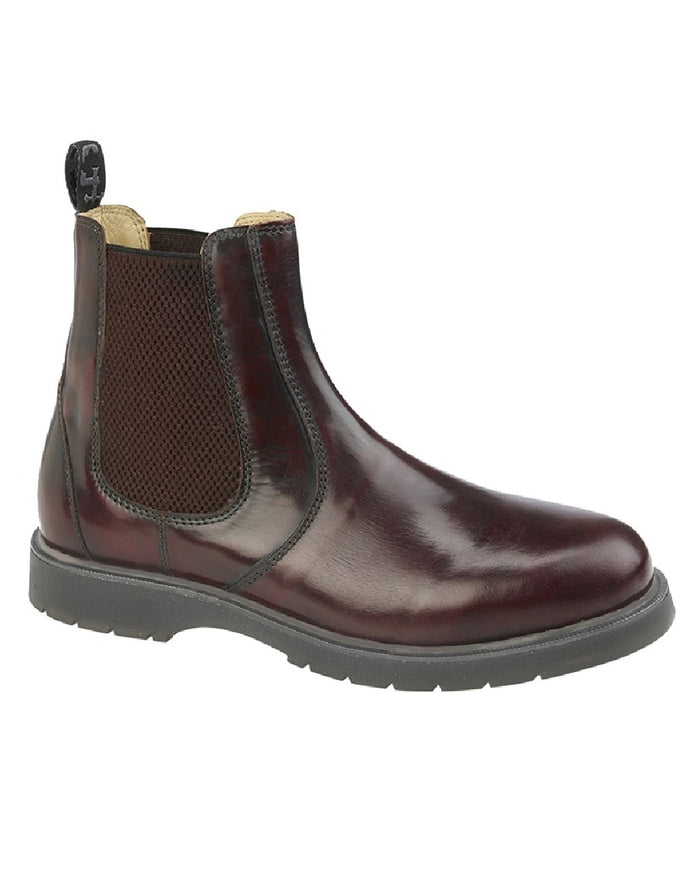 Burgundy coloured Grafters Gusset Chelsea Boots on white background #colour_burgundy