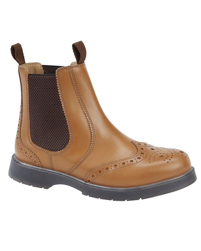 Tan Buff coloured Grafters Mens Brogue Capped Twin Gusset Chelsea Boots on white background #colour_tan-buff