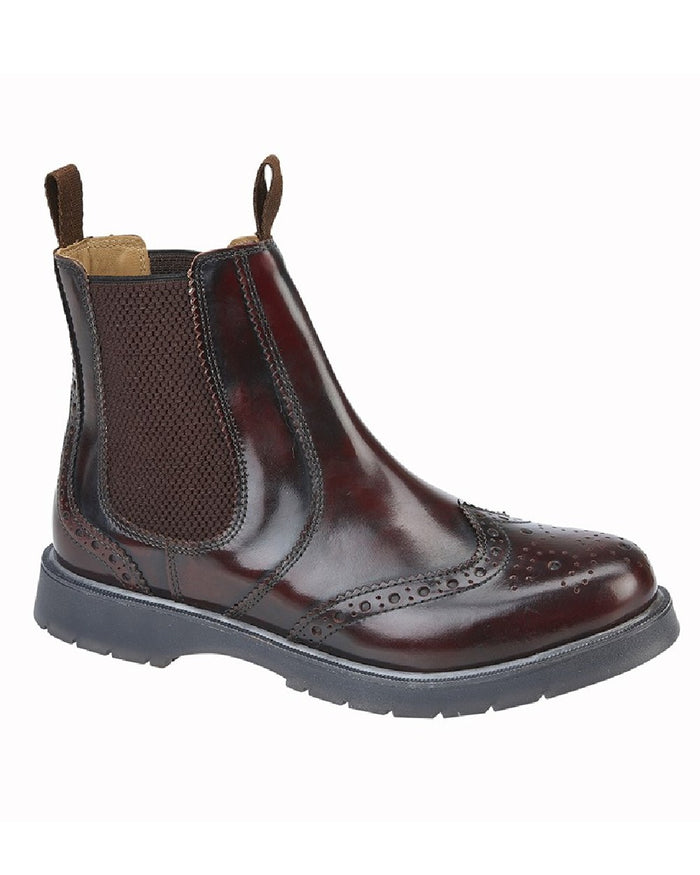 Burgundy coloured Grafters Mens Brogue Capped Twin Gusset Chelsea Boots on white background #colour_burgundy