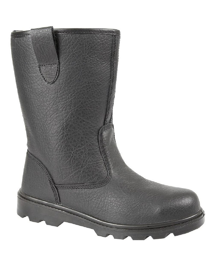 Black coloured Grafters Mens Leather Safety Rigger Boots on white background #colour_black
