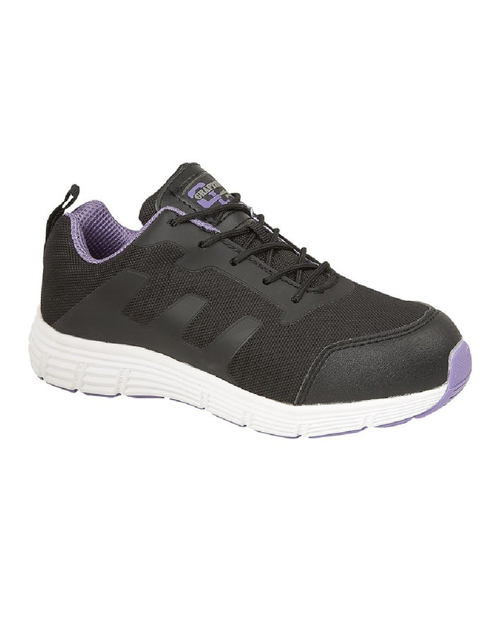 Black Lilac coloured Grafters Womens Black Nylon Mesh Safety Trainer Shoes on white background #colour_black-lilac