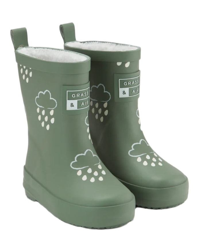 Khaki coloured Grass & Air Childrens Colour-Changing Wellies on white background #colour_khaki